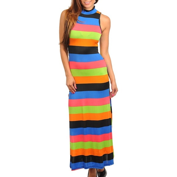 Dress High Turtle Neck Cutout Striped rainbow - Picture 6 of 7